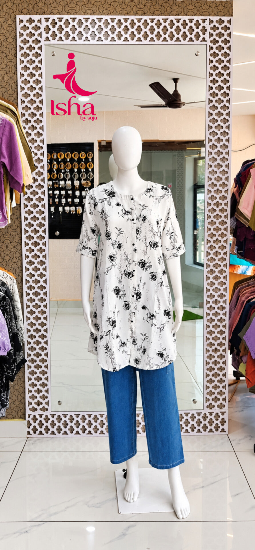 White Floral Print Button-Front Tunic