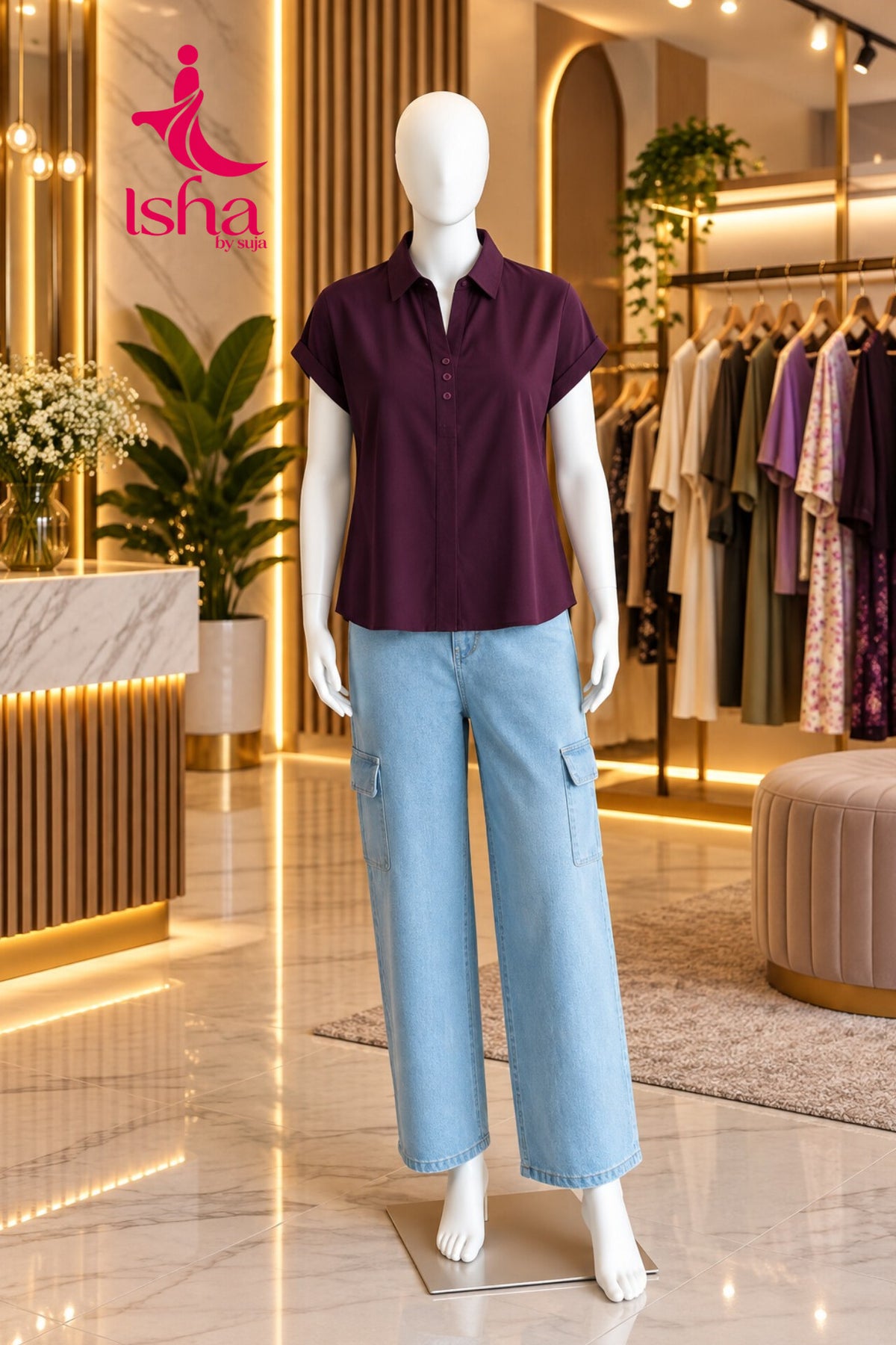 Short-Sleeve Collared Button-Front Top