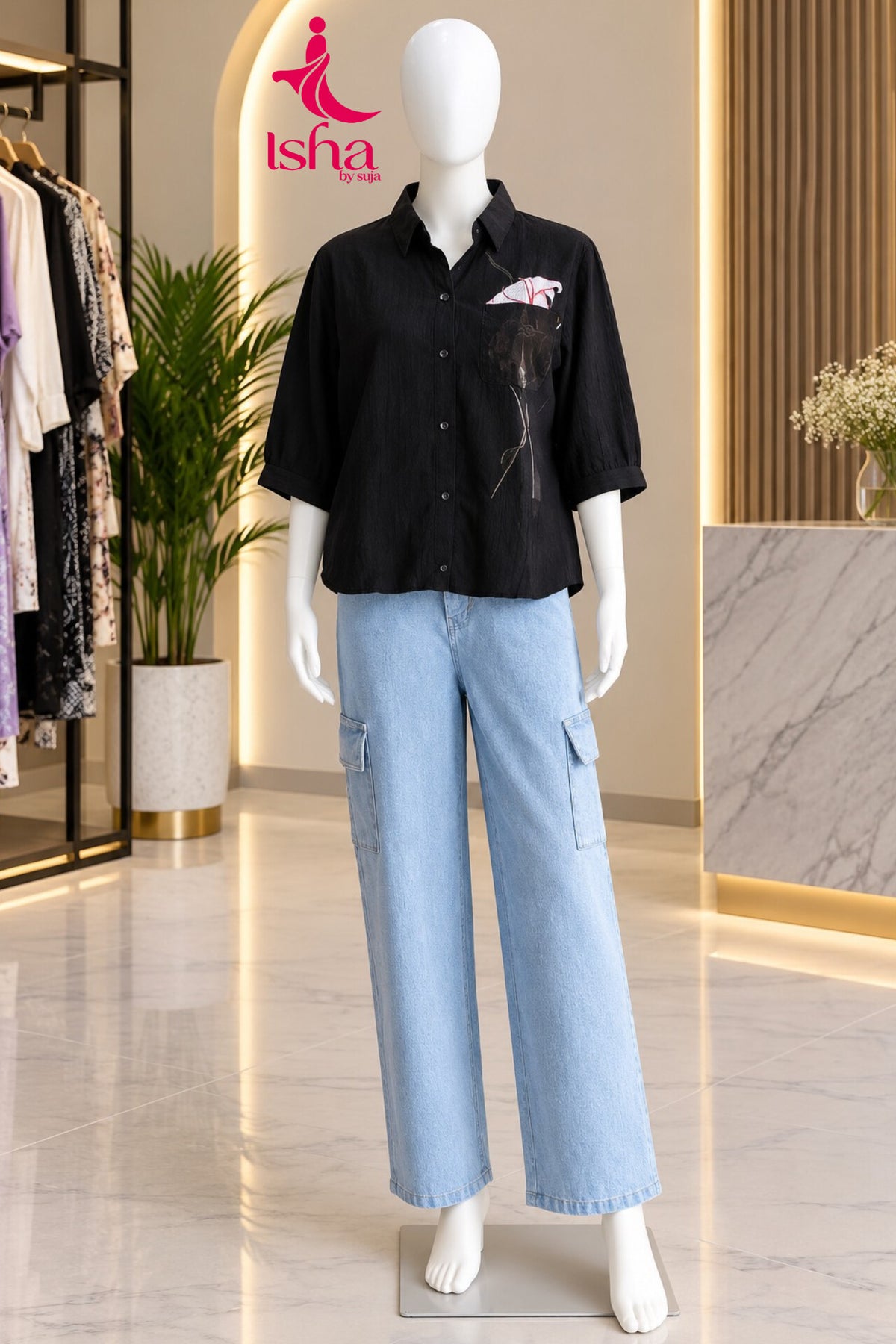 Floral Pocket Detail Button-Up Top