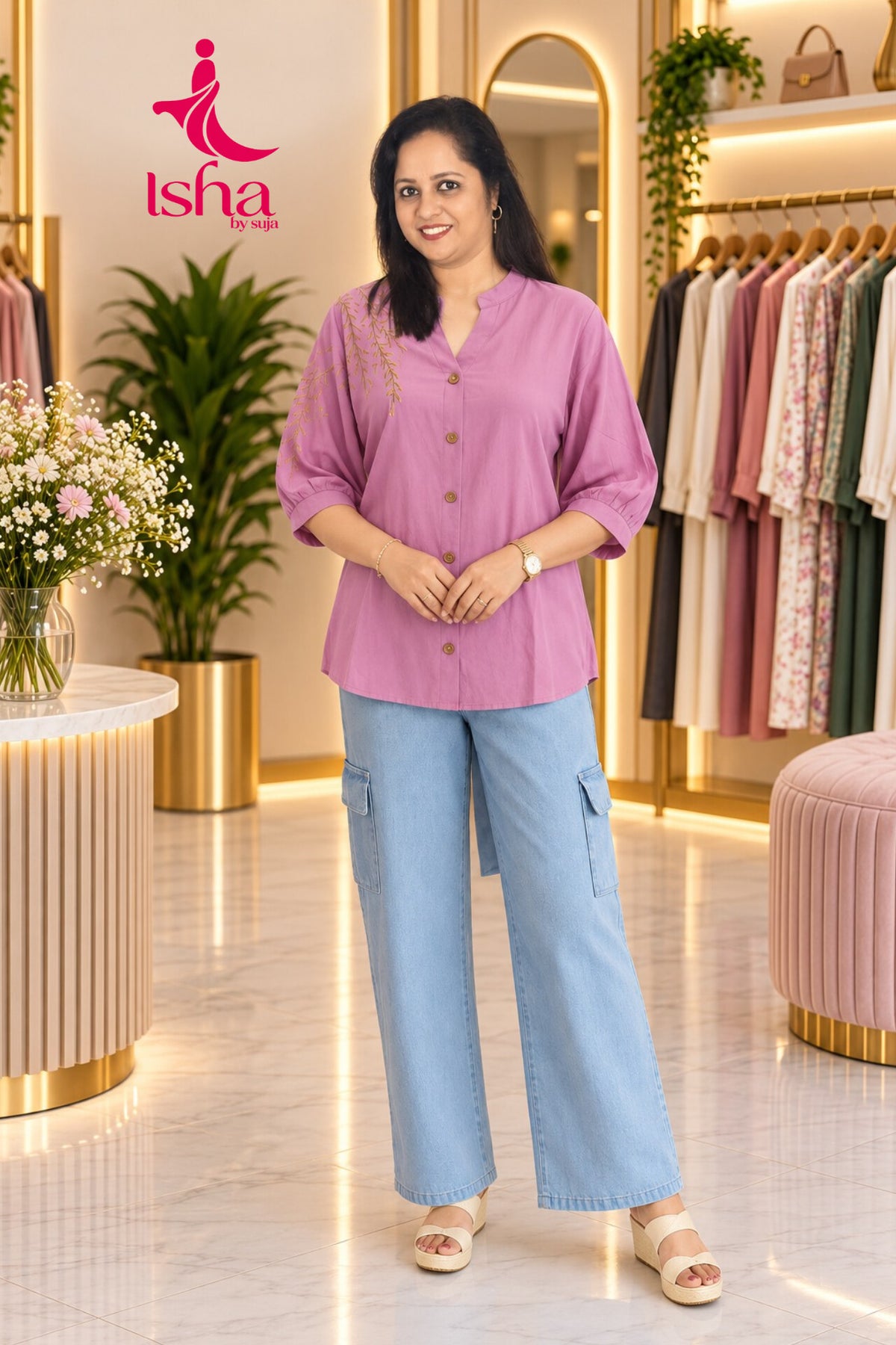 Embroidered Button-Down Top