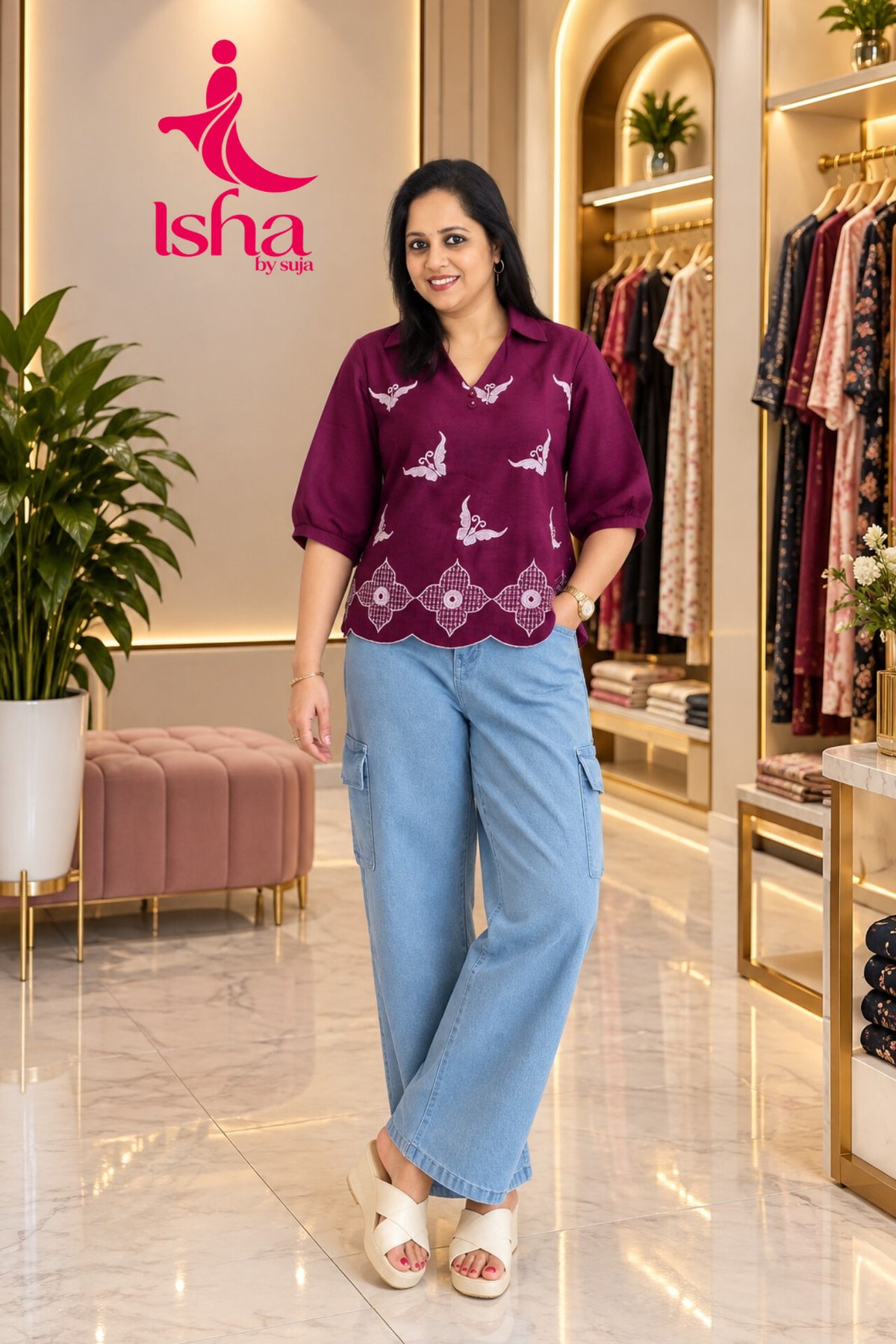 Butterfly Embroidered Collared Top