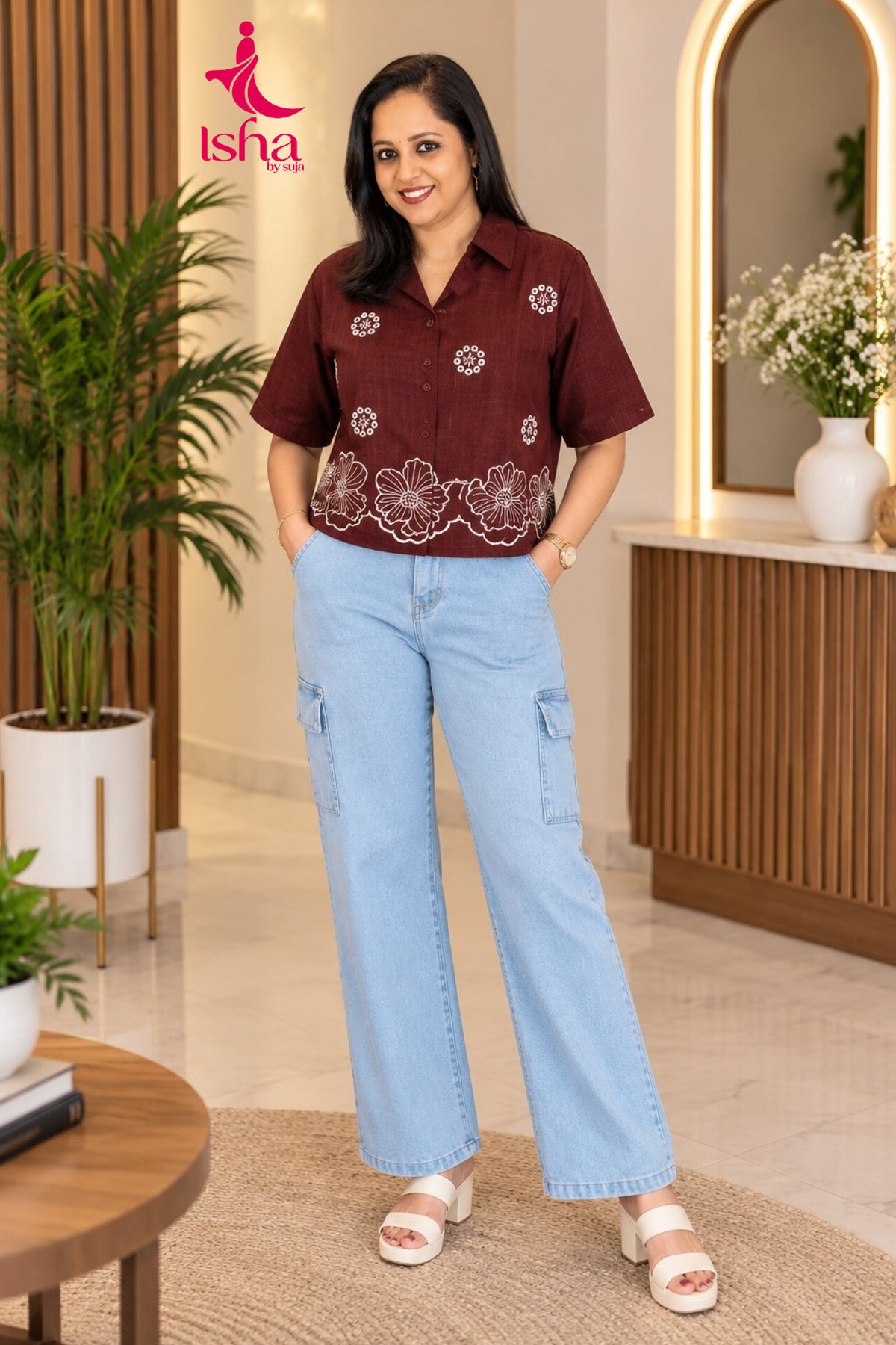 Embroidered Camp-Collar Top