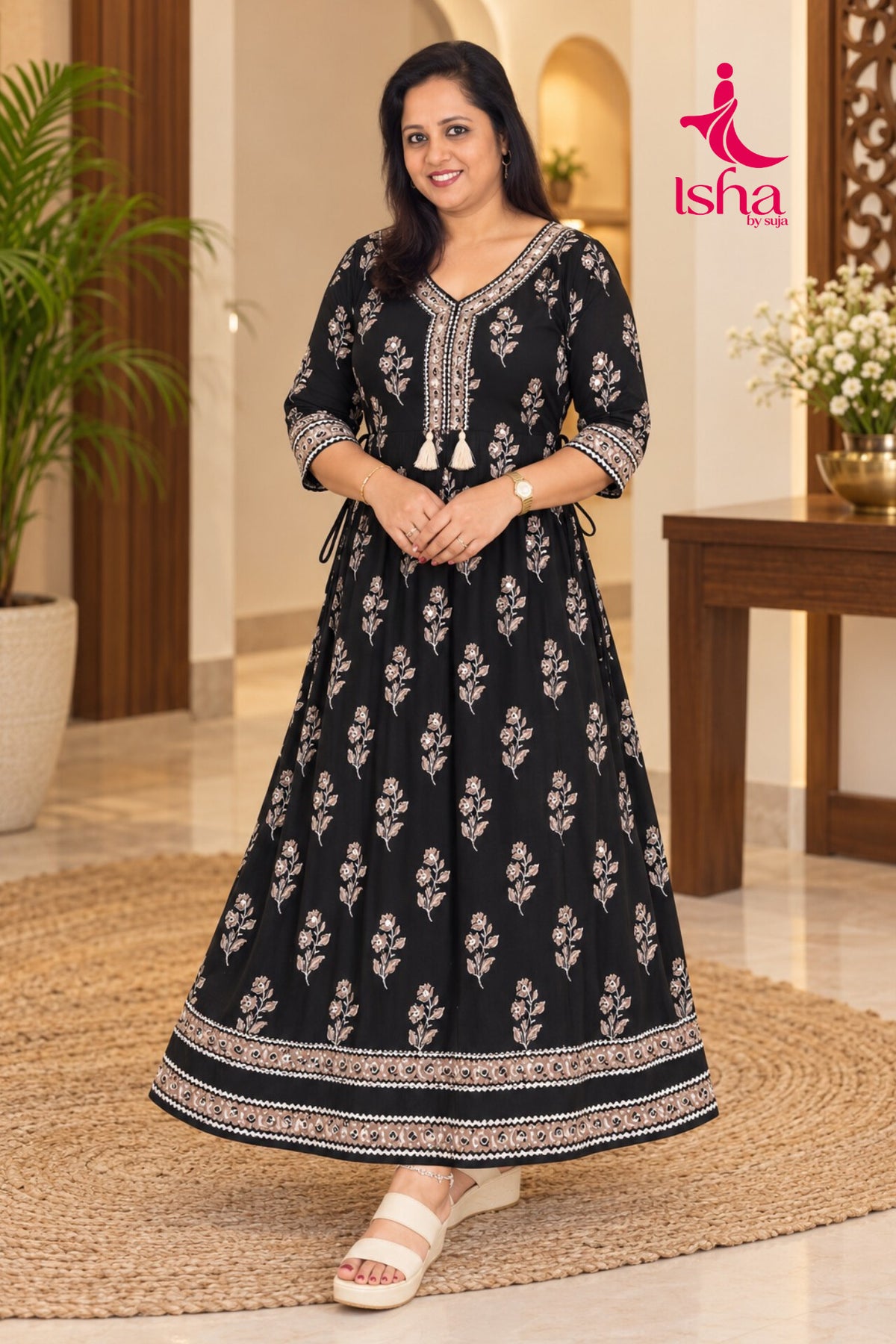 Floral Yoke Panel-Cut Dress