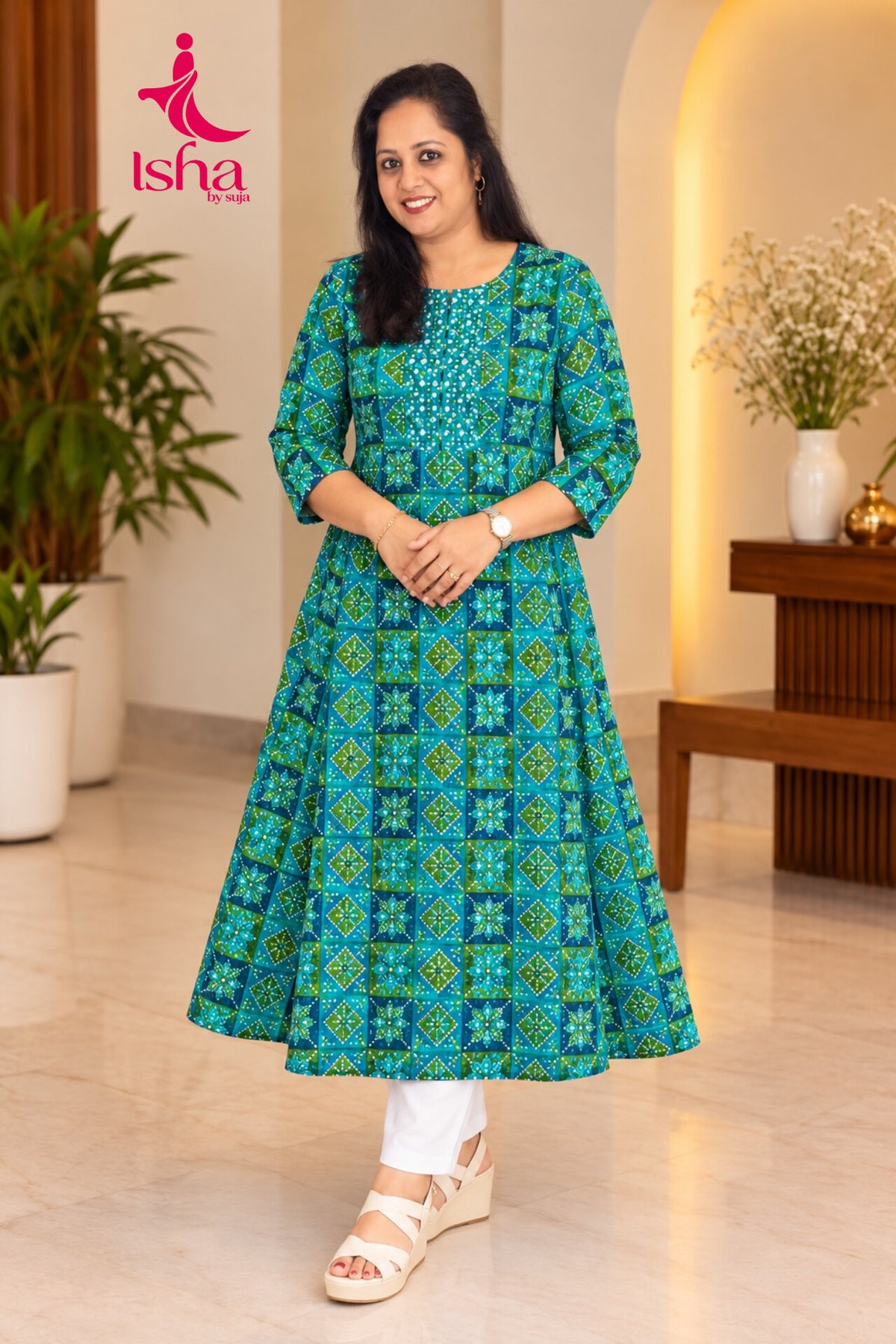 Geometric Floral Printed Flared Kurti