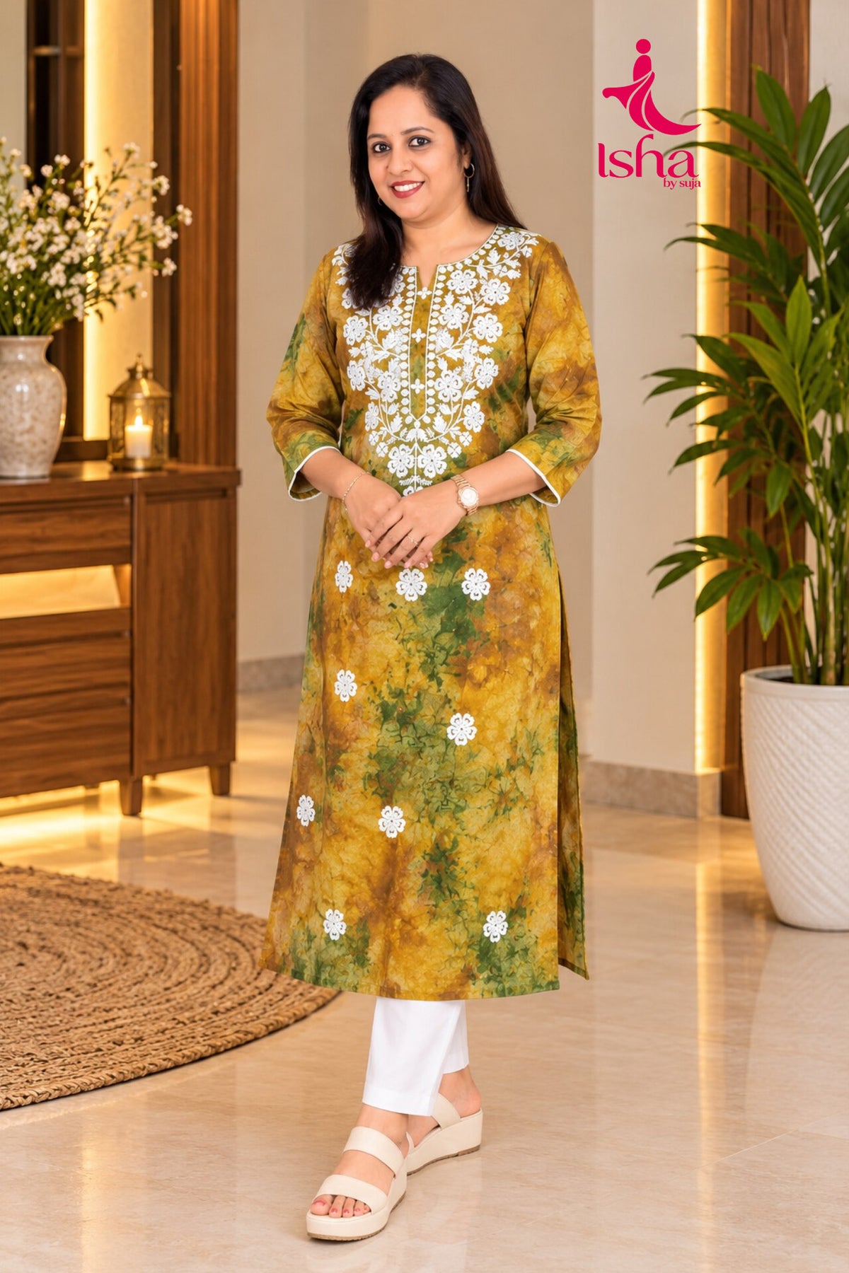 Floral Printed Embellished Neck Kurti