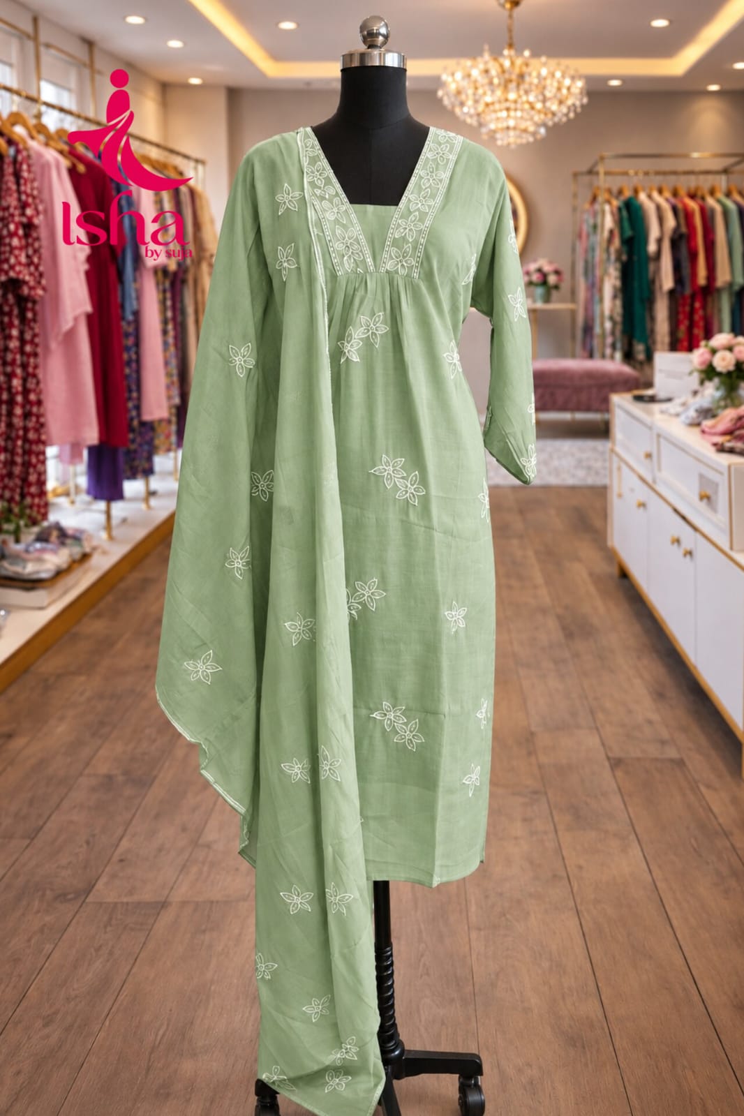 Embroidered Viscose Empire-Yoke Kurta Set with Dupatta