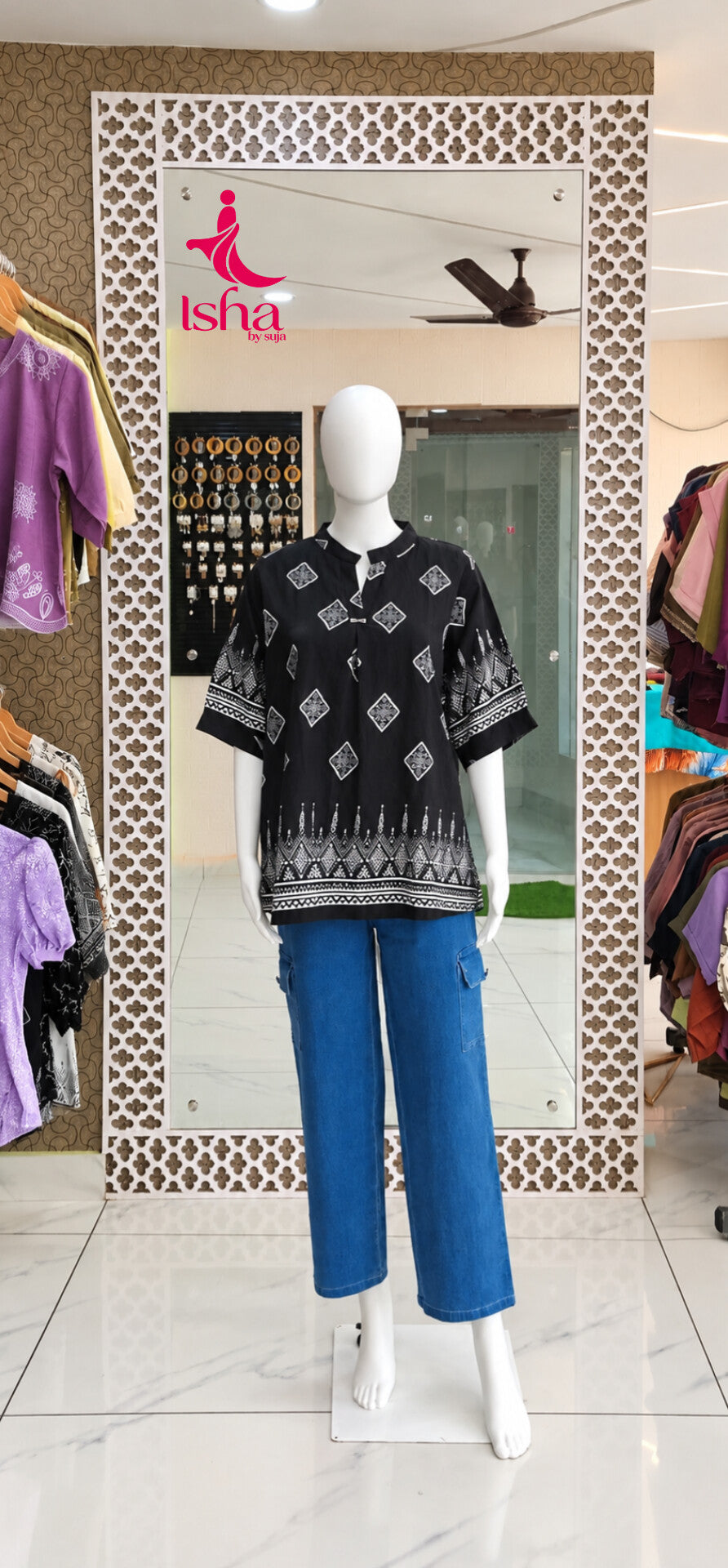 Black Printed Ethnic Short Tunic Dress