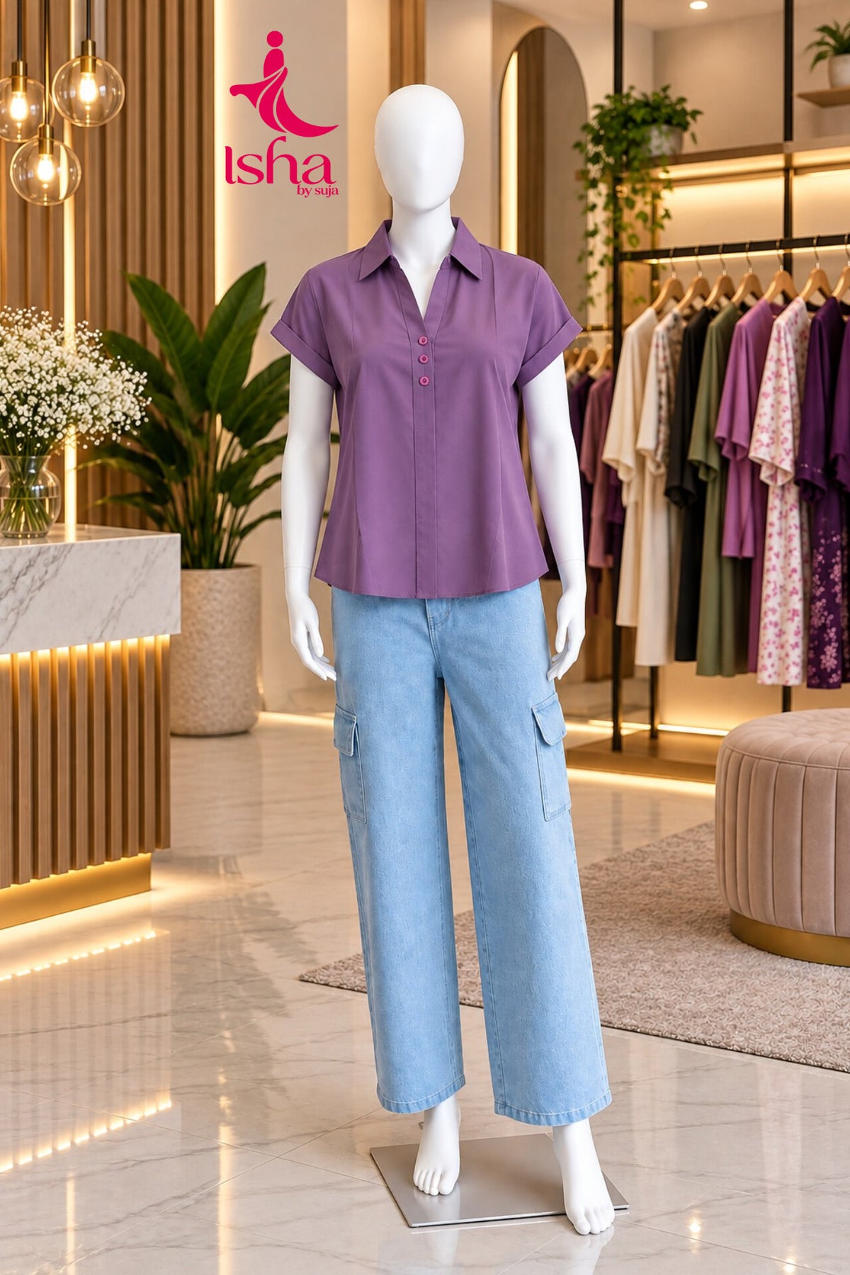 Short-Sleeve Collared Button-Front Top