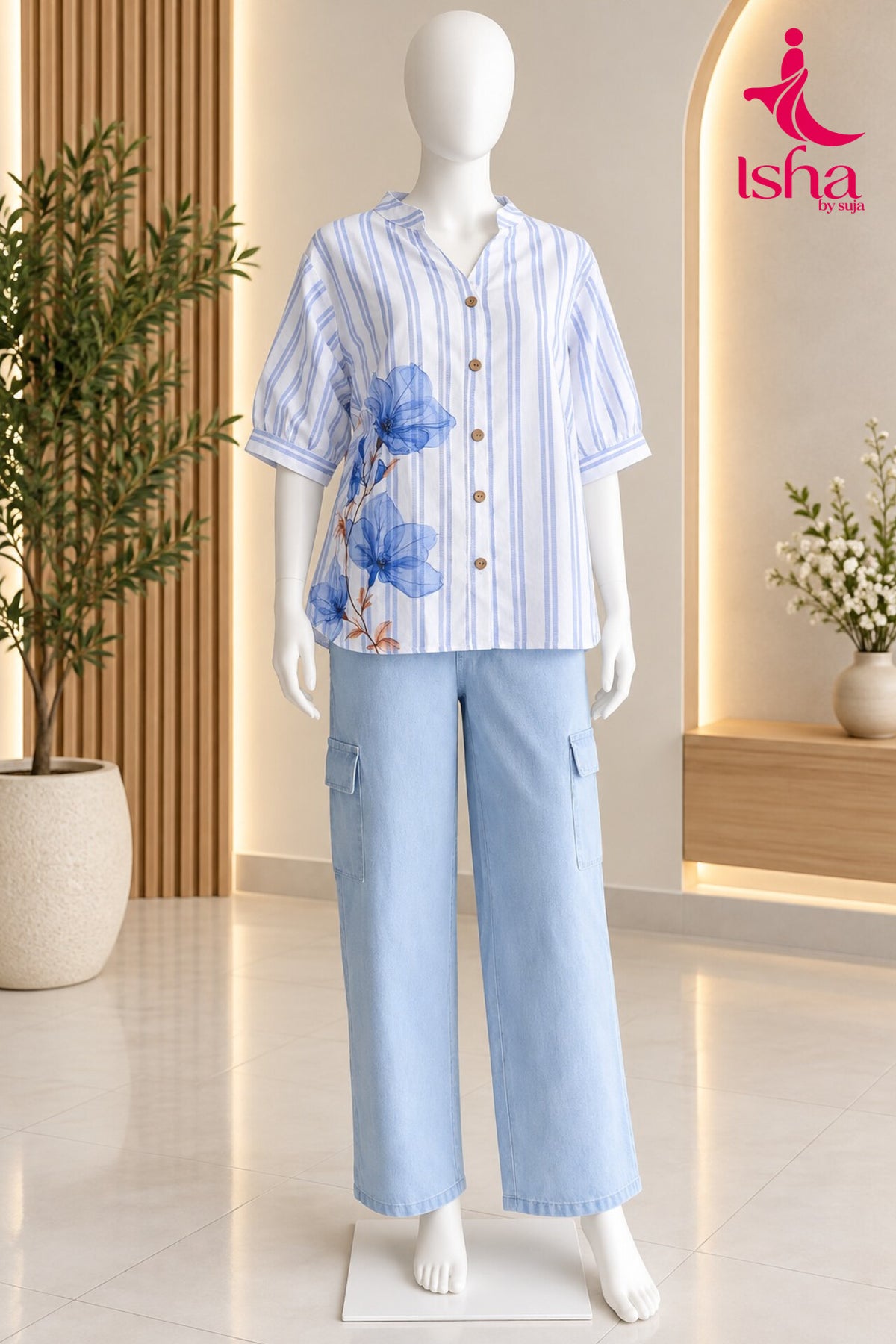 Floral Striped Mandarin Collar Shirt