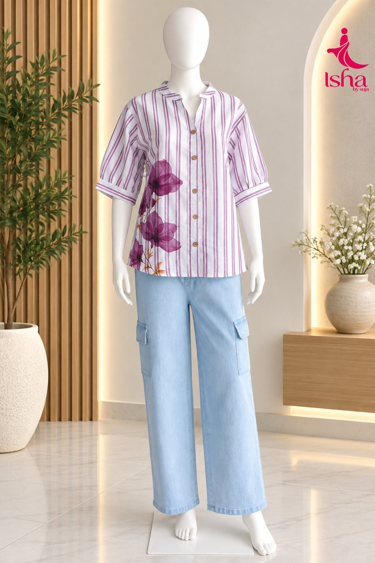 Floral Striped Mandarin Collar Shirt