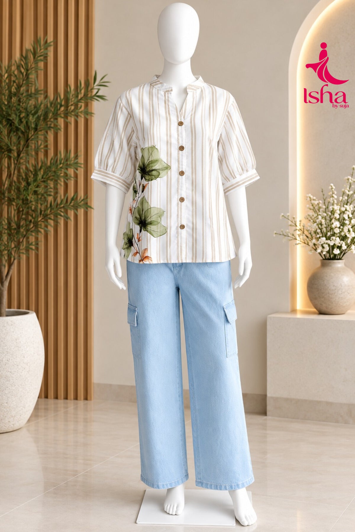 Floral Striped Mandarin Collar Shirt