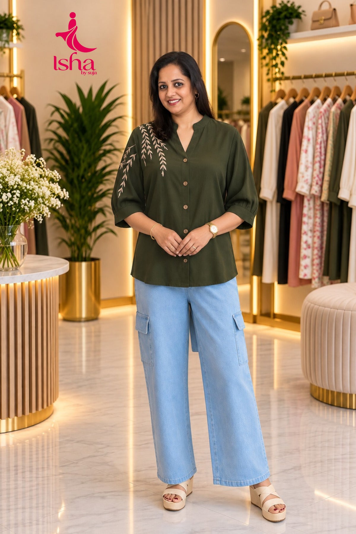 Embroidered Button-Down Top