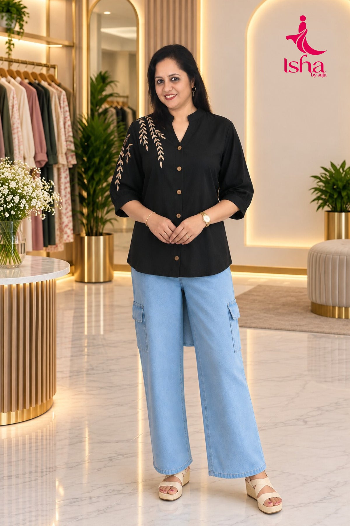Embroidered Button-Down Top