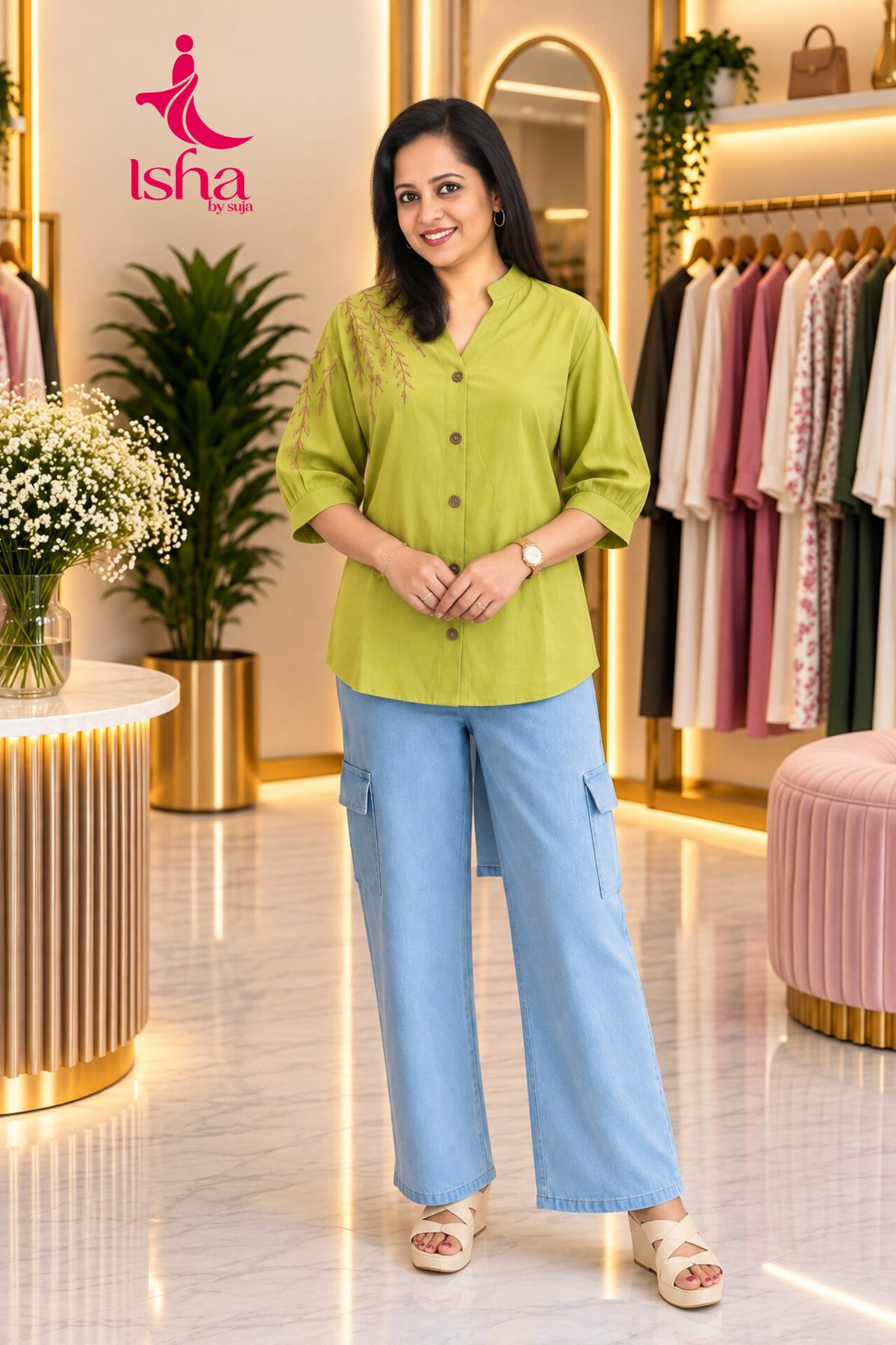 Embroidered Button-Down Top