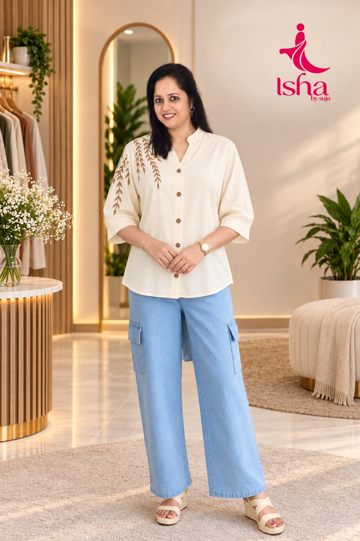 Embroidered Button-Down Top