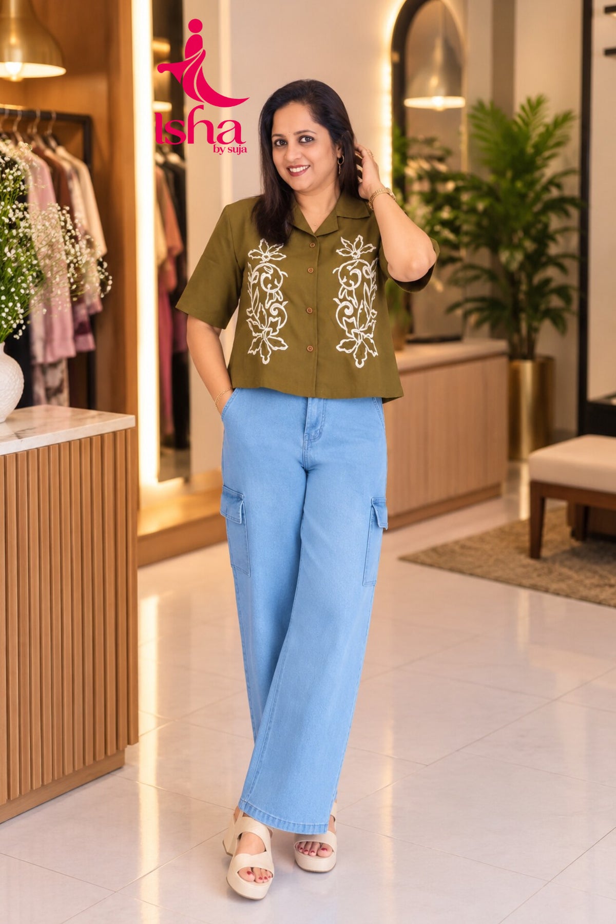 Twin Floral Thread work  crop shirt