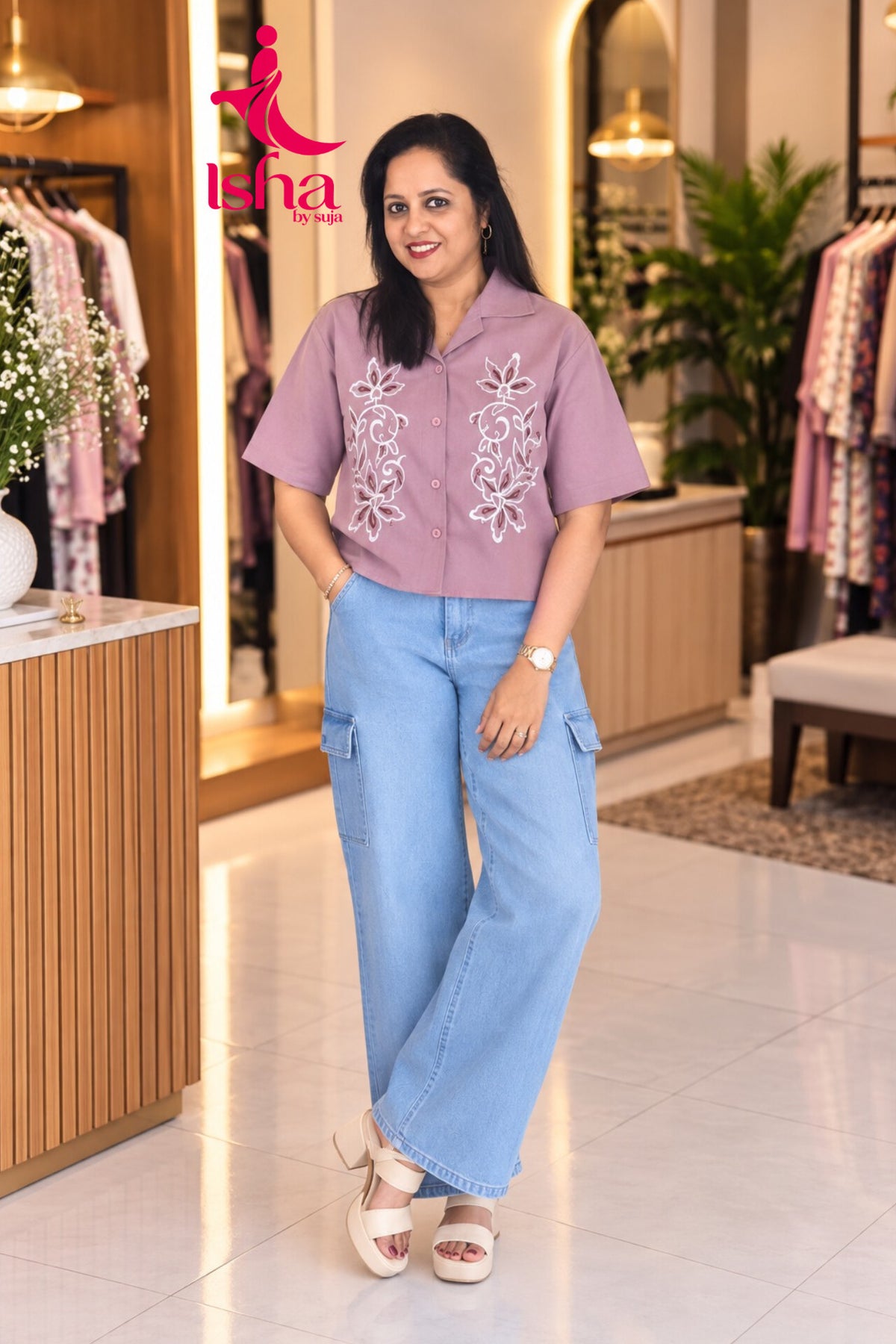 Twin Floral Thread work  crop shirt