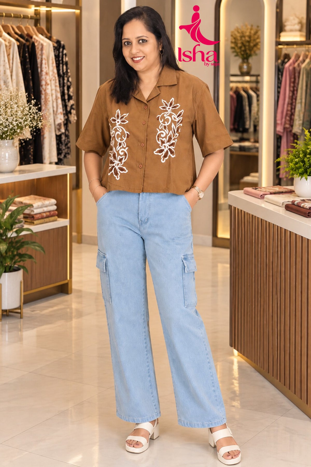 Twin Floral Thread work  crop shirt