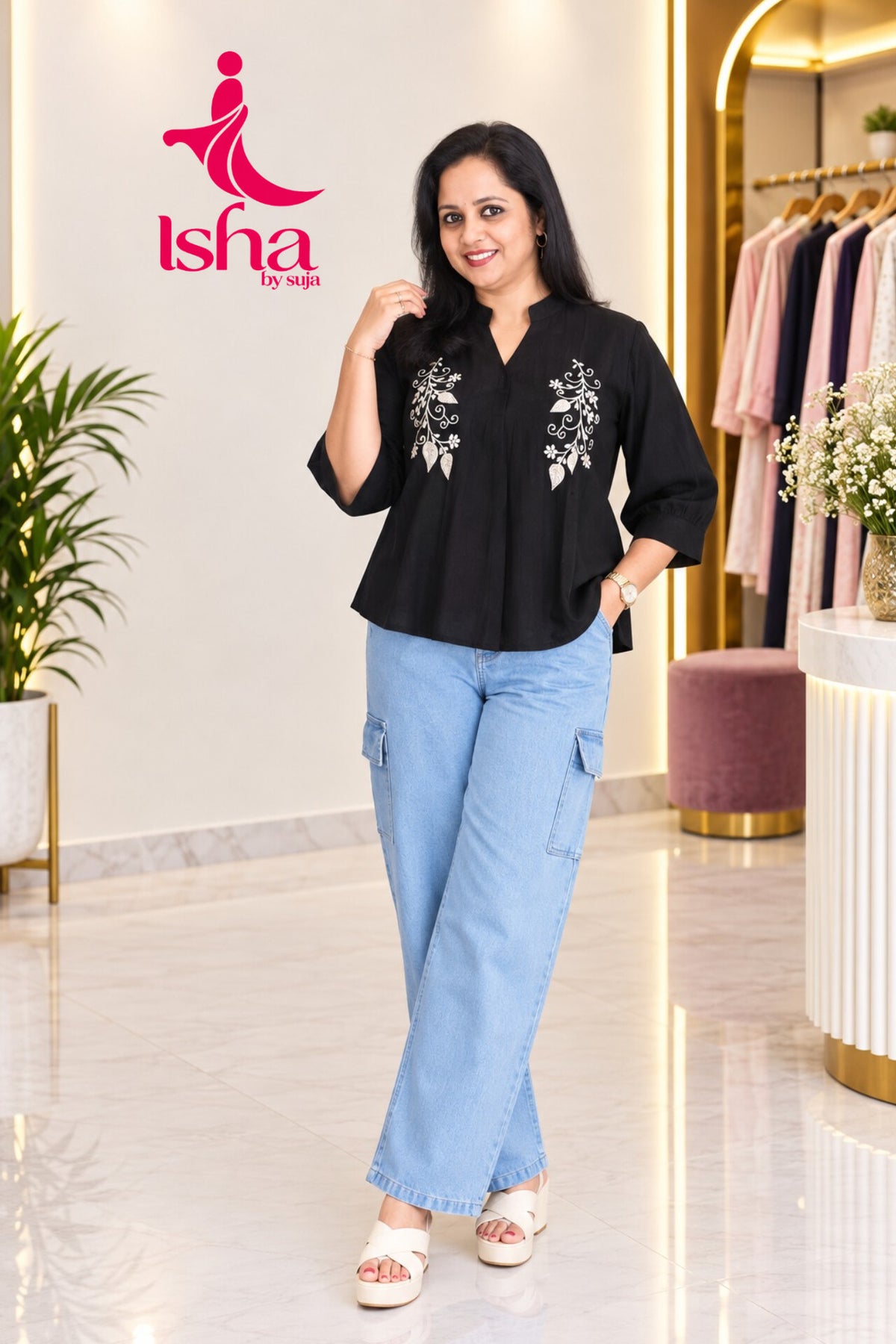 Floral Vine Embroidered Collared V-Neck Top