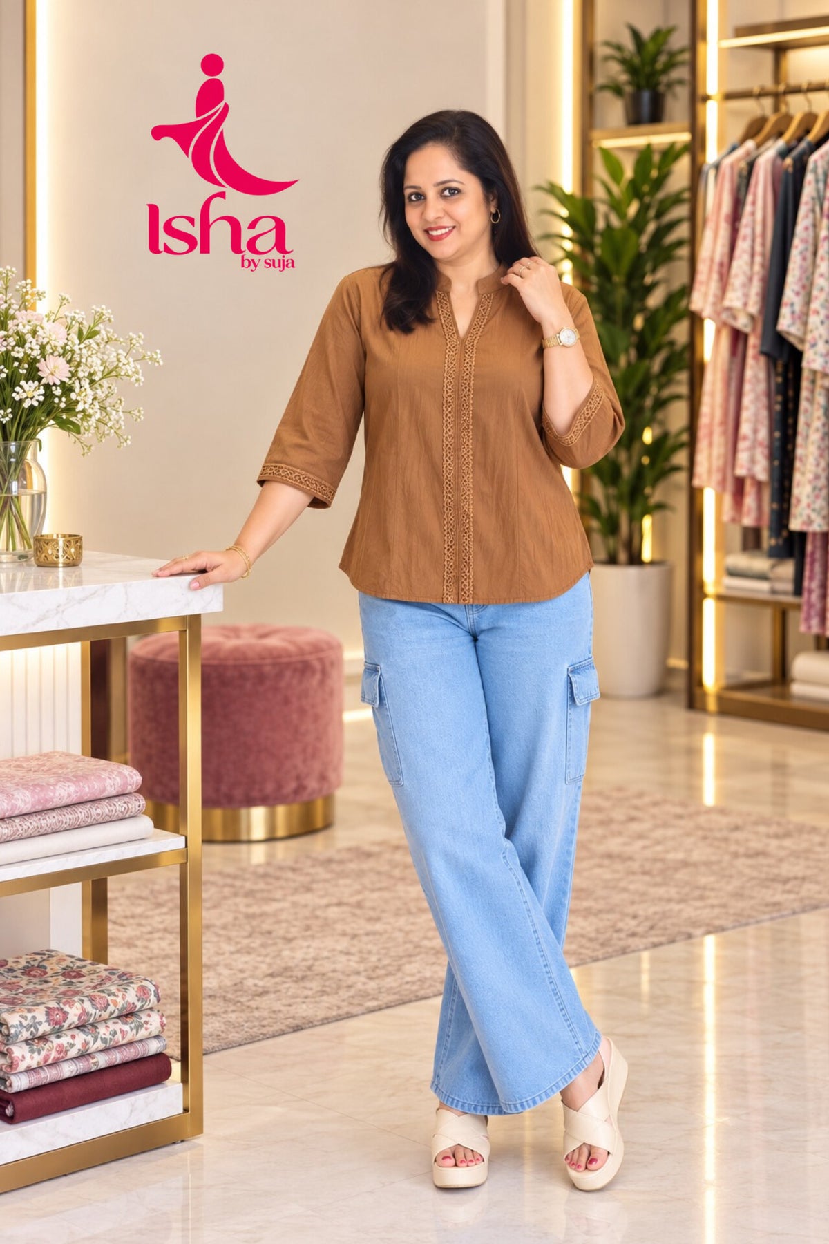 Mandarin Collar Embroidered Tunic Top