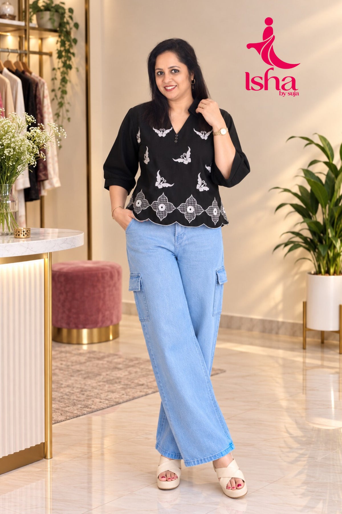 Butterfly Embroidered Collared Top