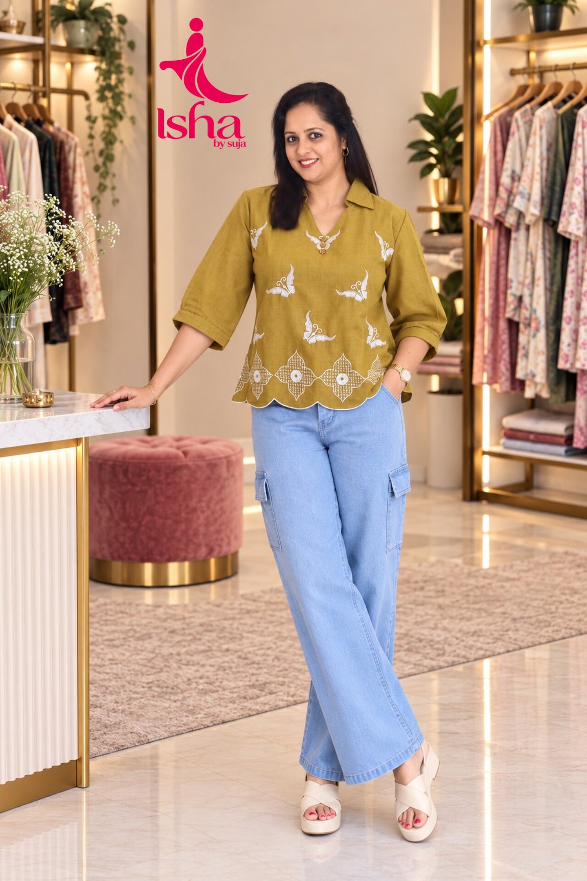 Butterfly Embroidered Collared Top