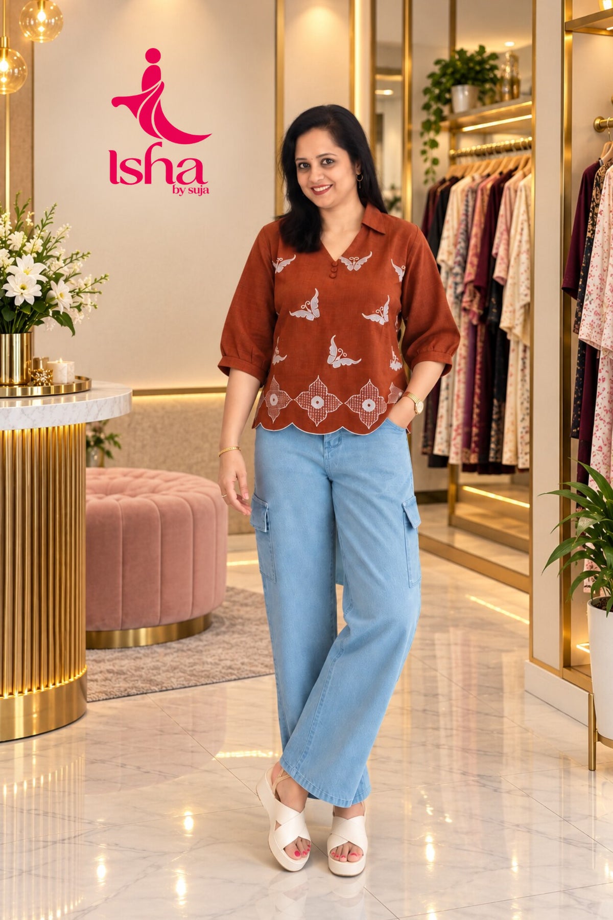 Butterfly Embroidered Collared Top