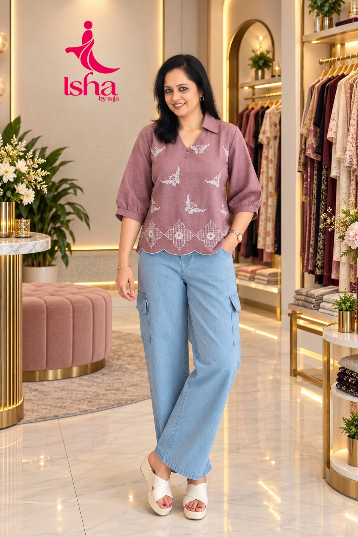 Butterfly Embroidered Collared Top