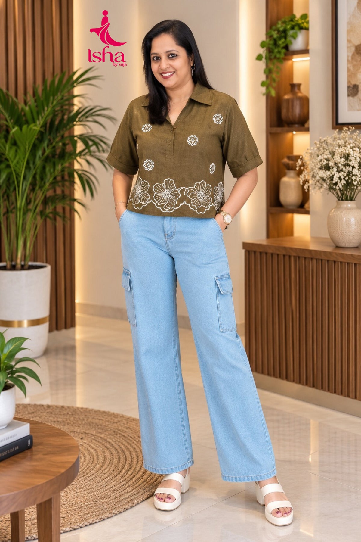Embroidered Camp-Collar Top