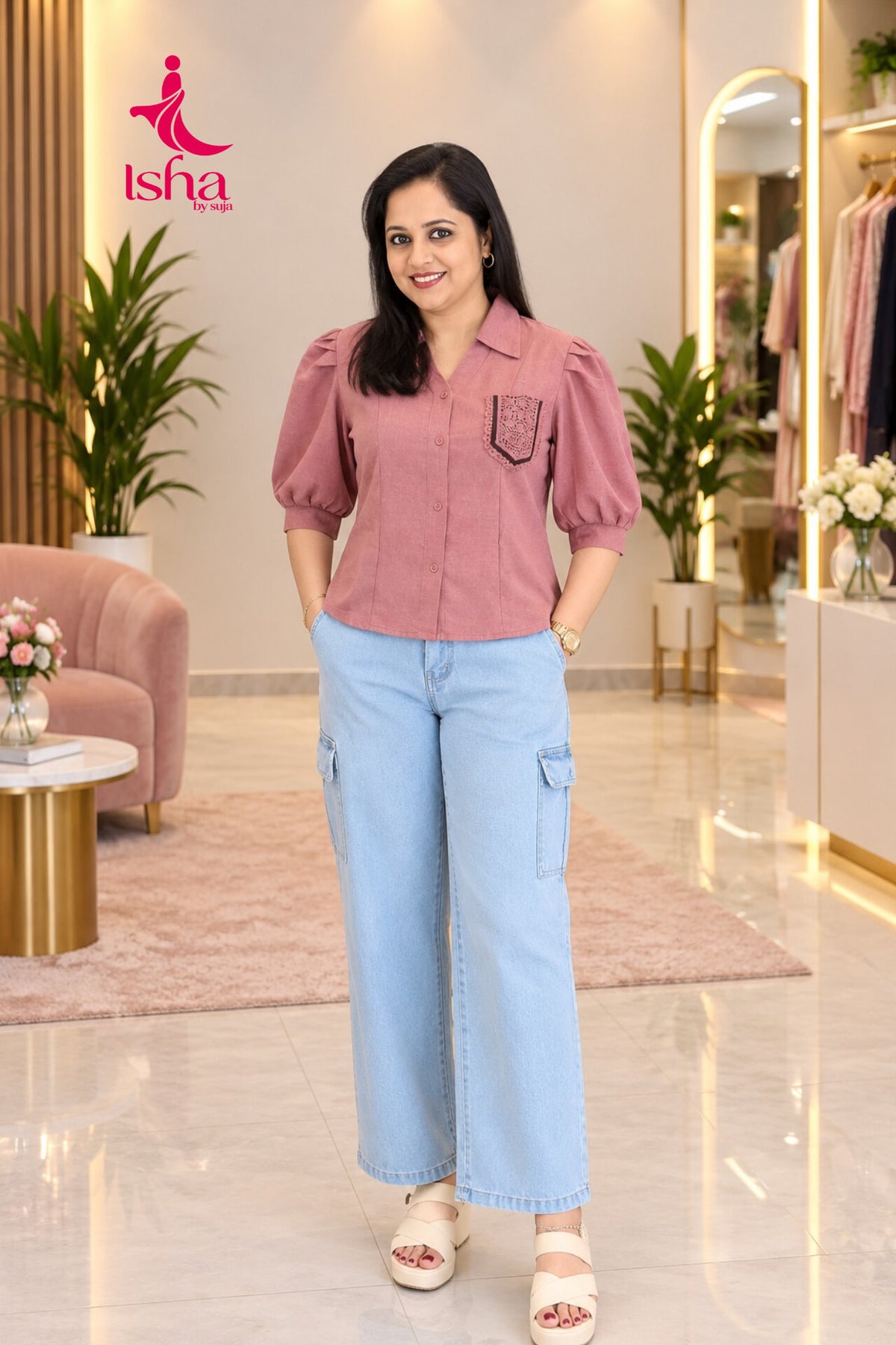 Puff-Sleeve Embroidered Pocket Top