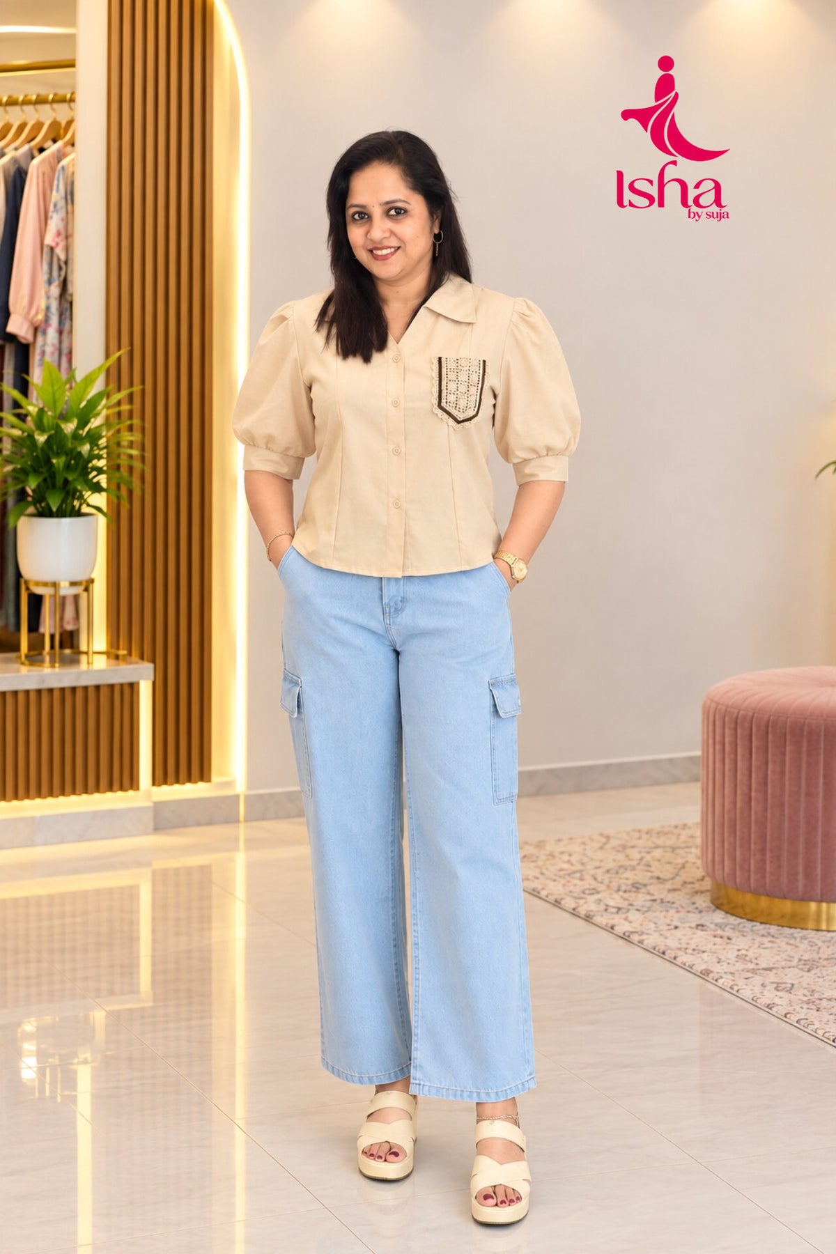 Puff-Sleeve Embroidered Pocket Top