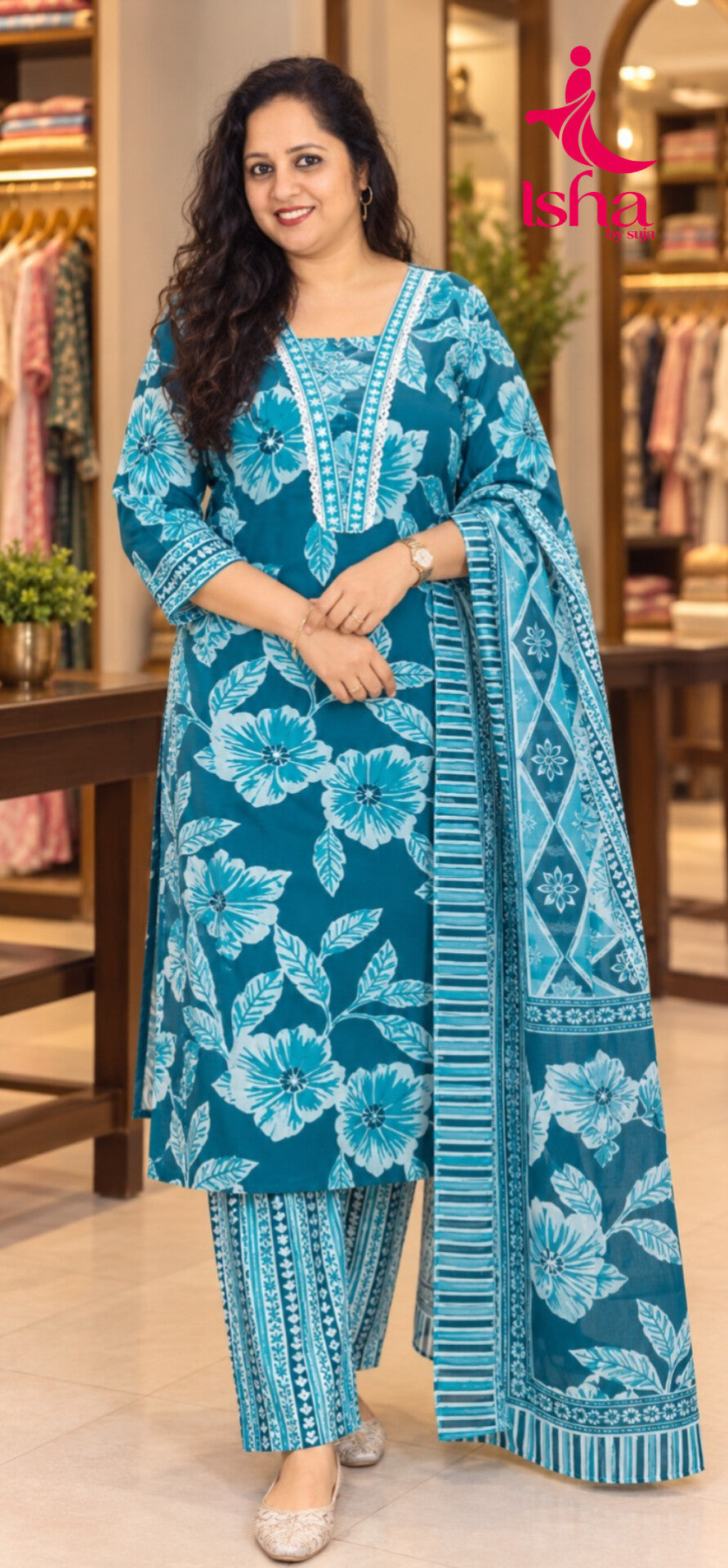 Blue Blossom Print Churidar Set