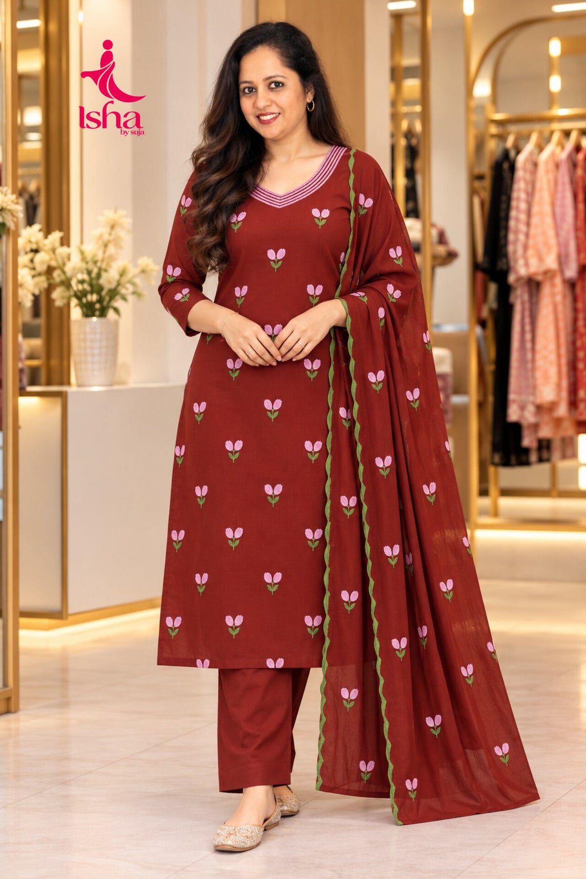 Wine Floral Buti Embroidered Kurta Set with Dupatta