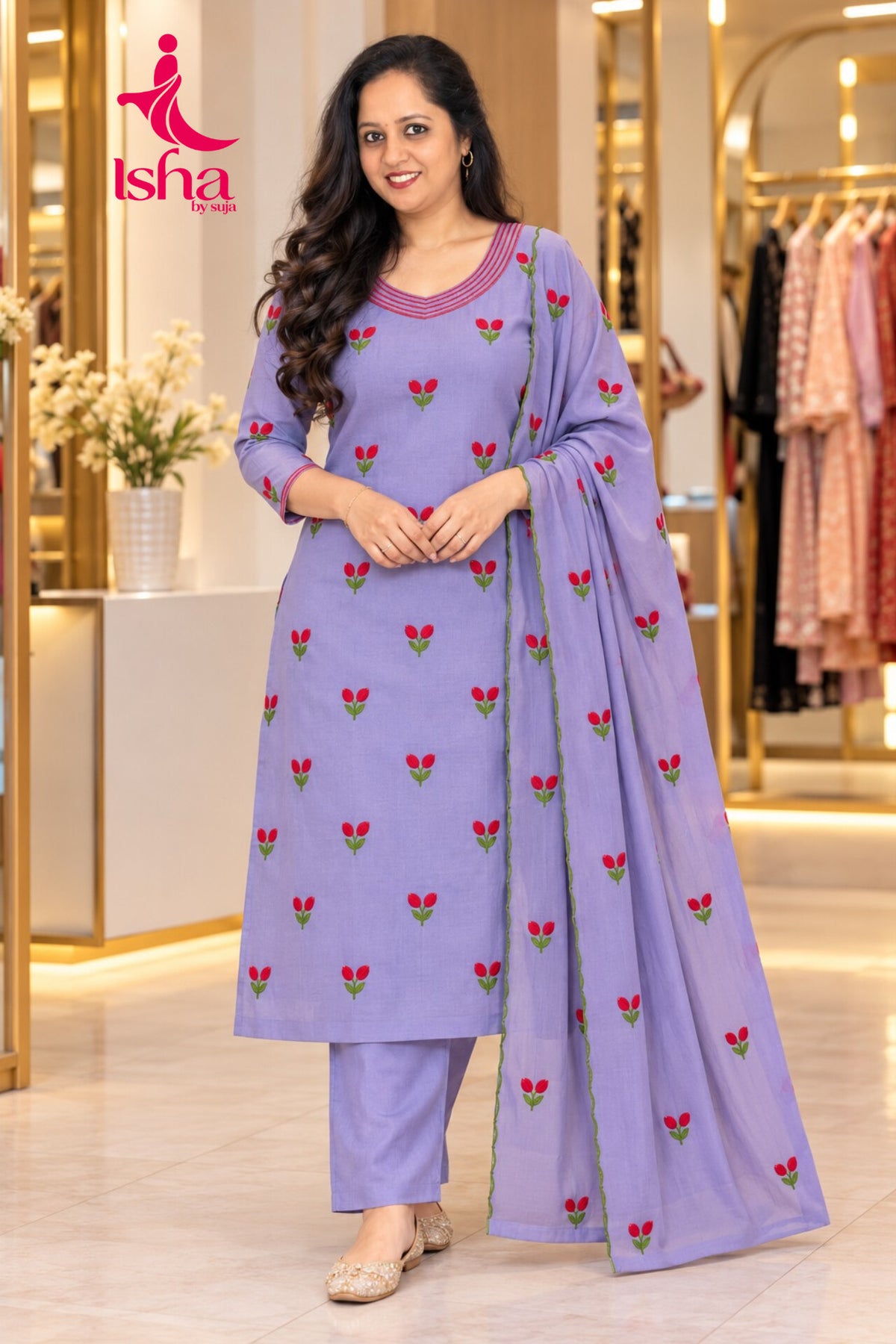 Wine Floral Buti Embroidered Kurta Set with Dupatta