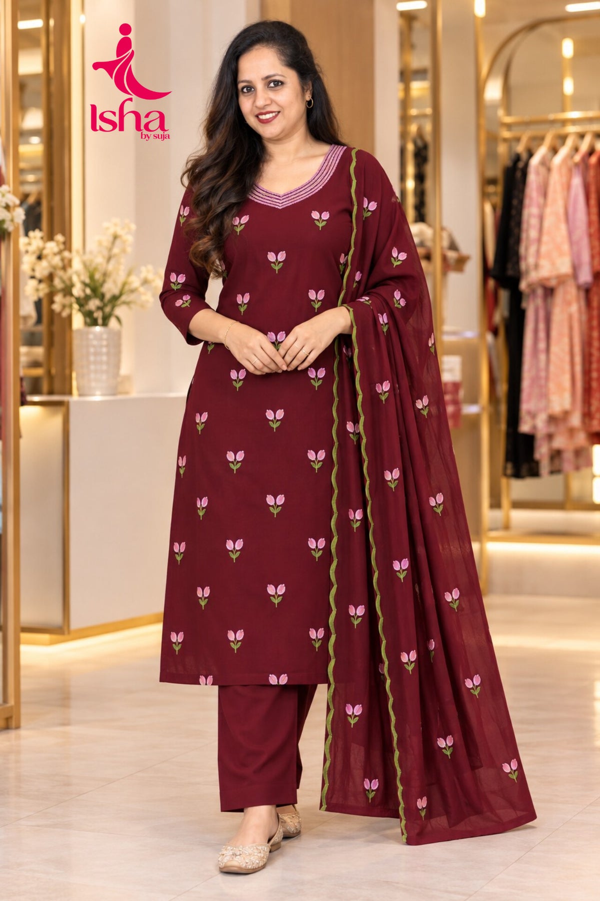 Wine Floral Buti Embroidered Kurta Set with Dupatta