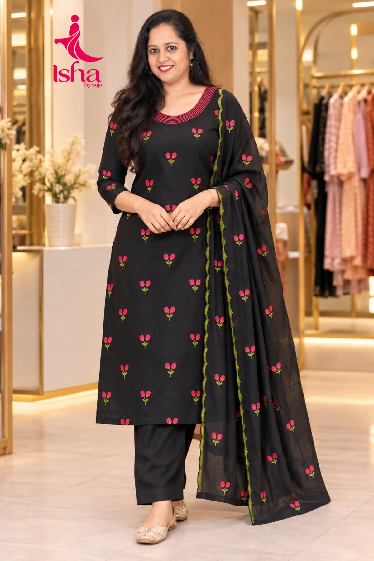 Wine Floral Buti Embroidered Kurta Set with Dupatta