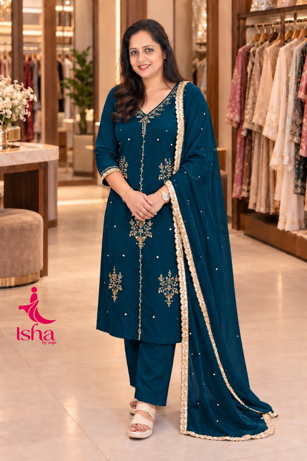 Golden Bead Embroidered Straight-Cut Suit Set