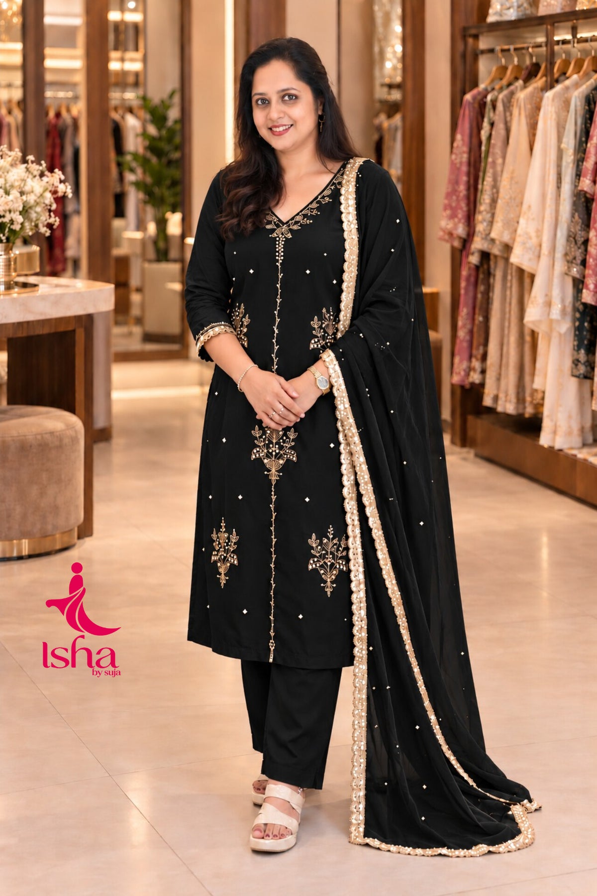 Golden Bead Embroidered Straight-Cut Suit Set