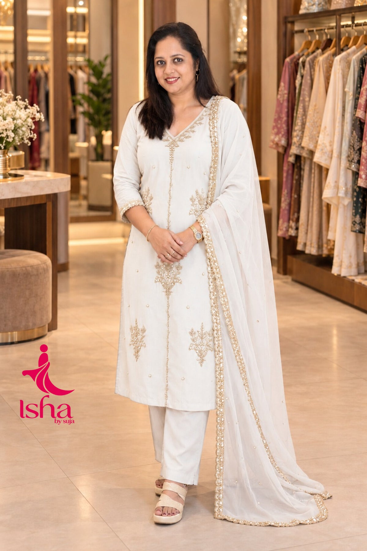 Golden Bead Embroidered Straight-Cut Suit Set
