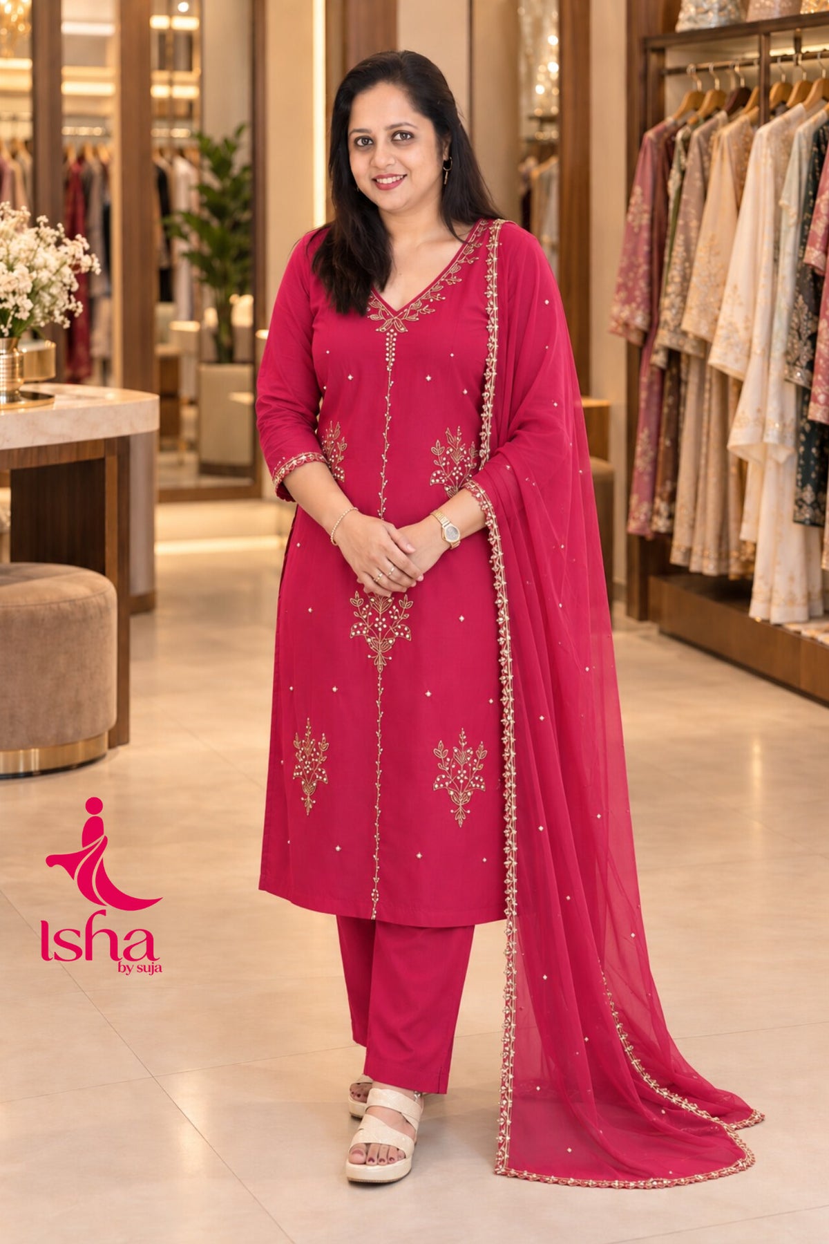 Golden Bead Embroidered Straight-Cut Suit Set