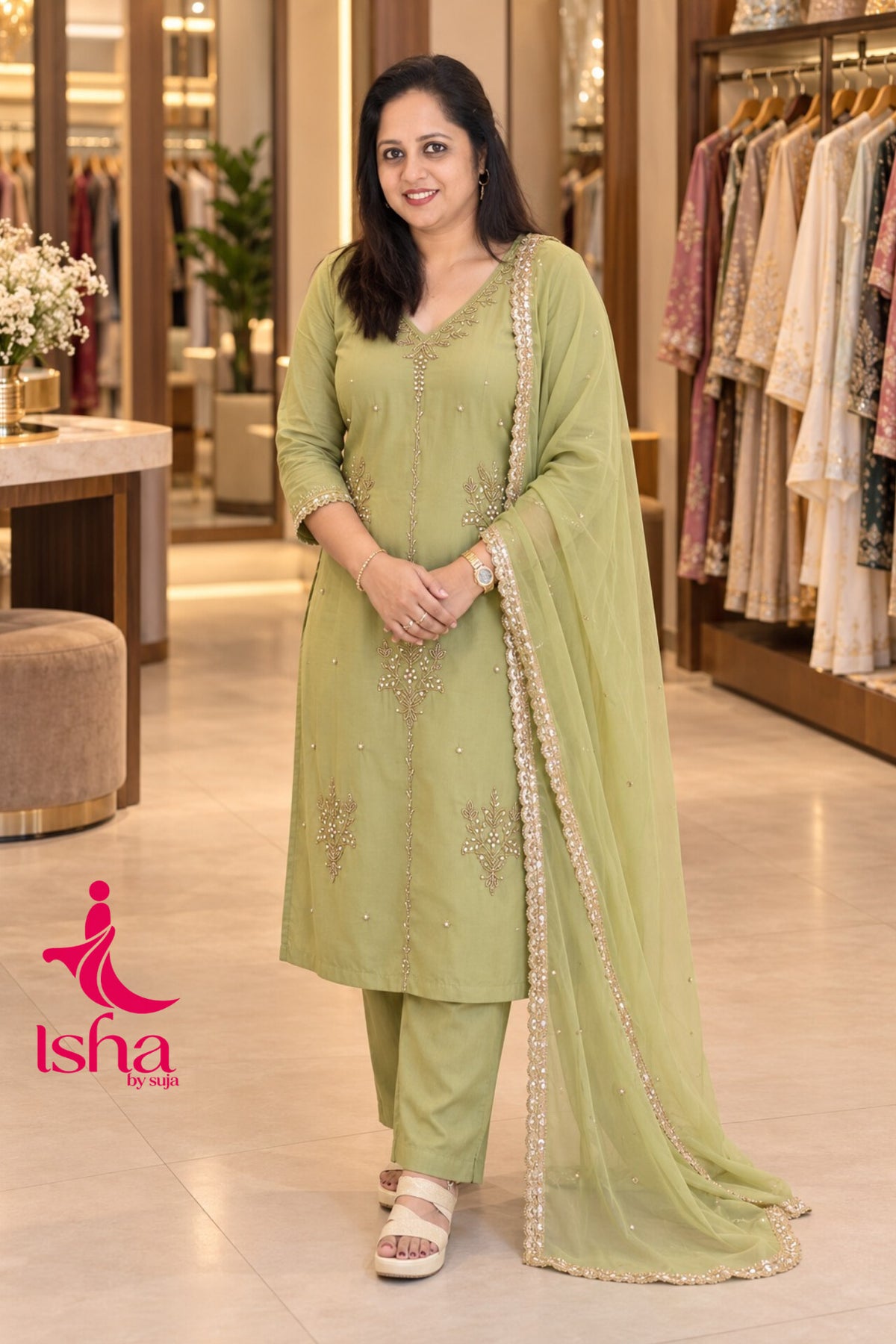 Golden Bead Embroidered Straight-Cut Suit Set