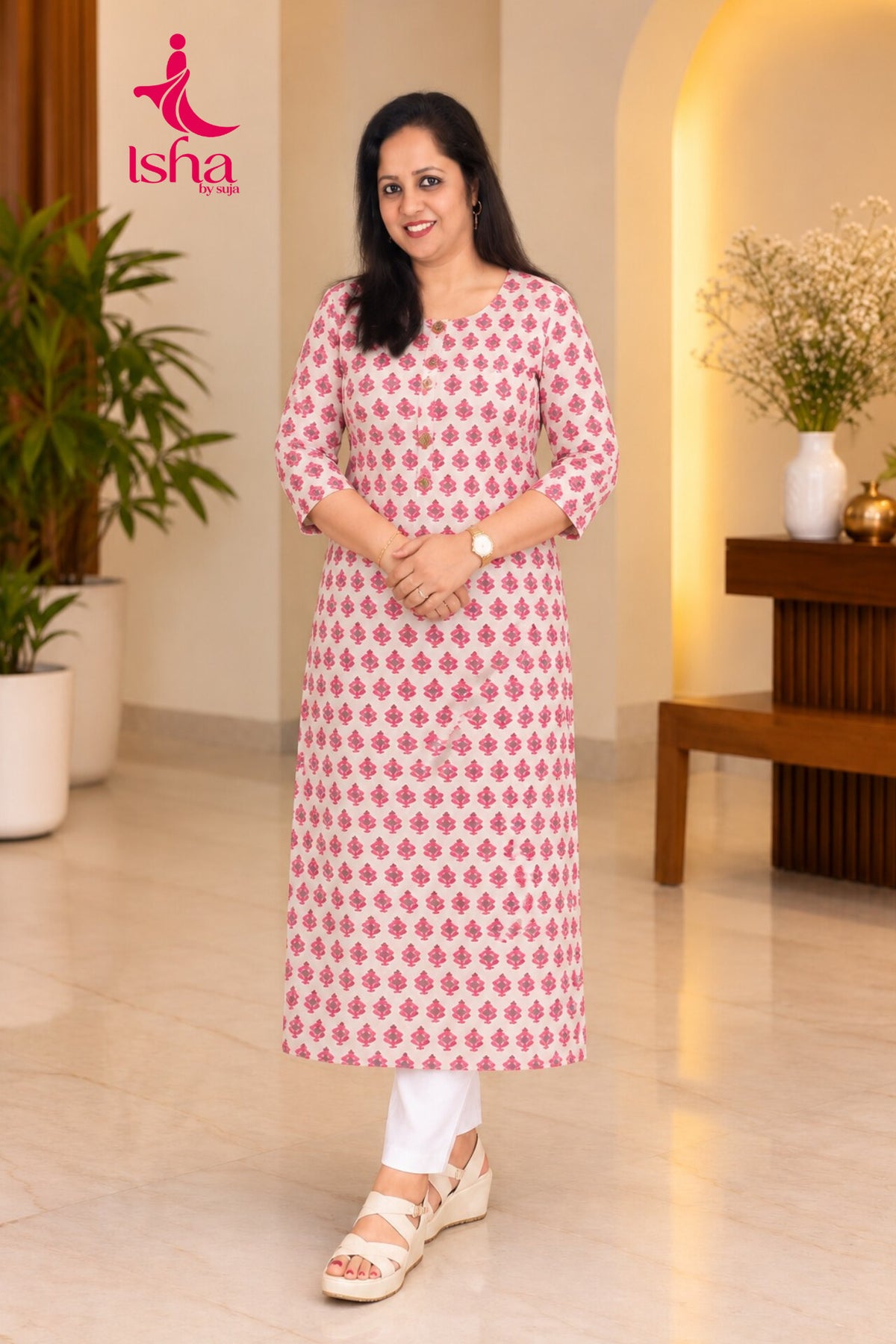 Pink Floral Printed Straight Kurti