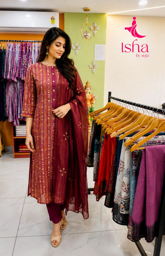 Maroon Muslin Silk Foil Print Salwar Suit Set