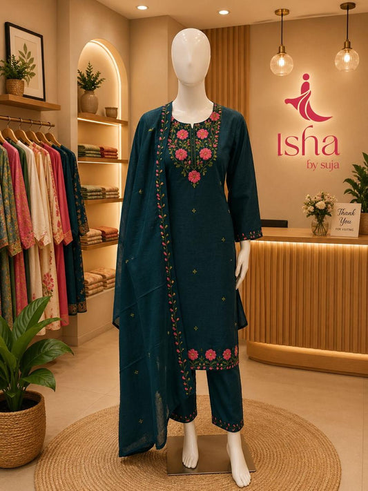 Teal Floral Embroidered Kurta Set with Dupatta