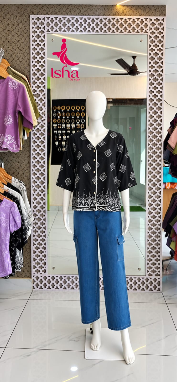 White Ethnic Print V-Neck Top