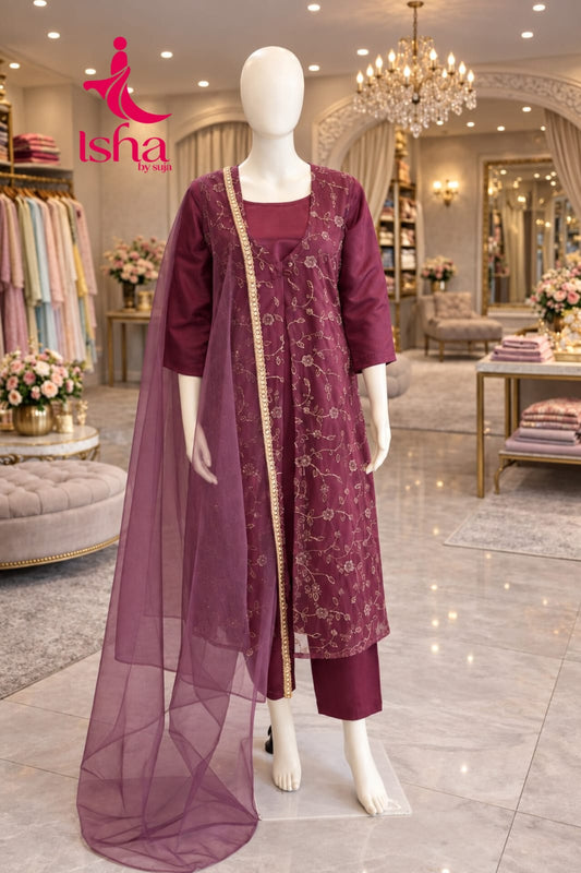 Wine Satin Kurta Set with Embroidered Sheer Jacket