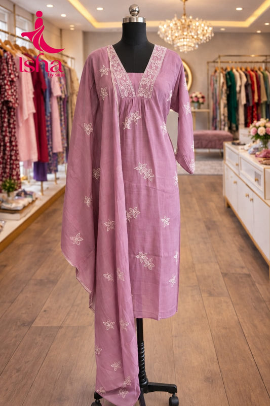 Embroidered Viscose Empire-Yoke Kurta Set with Dupatta
