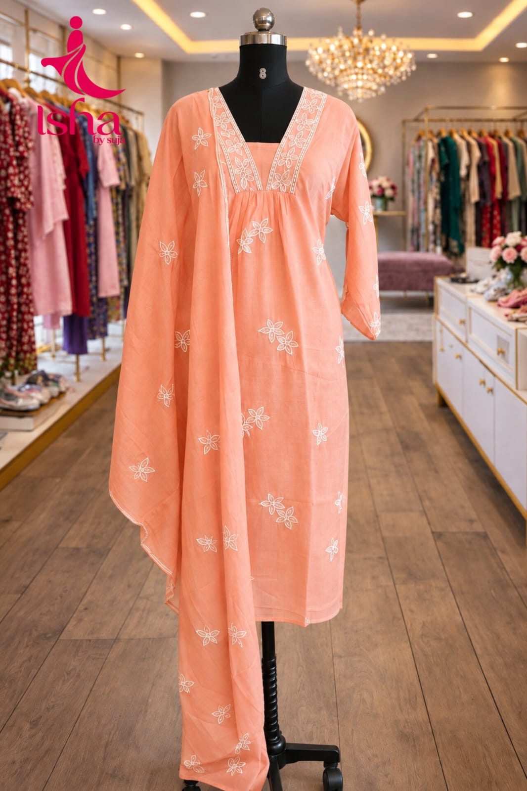Embroidered Viscose Empire-Yoke Kurta Set with Dupatta