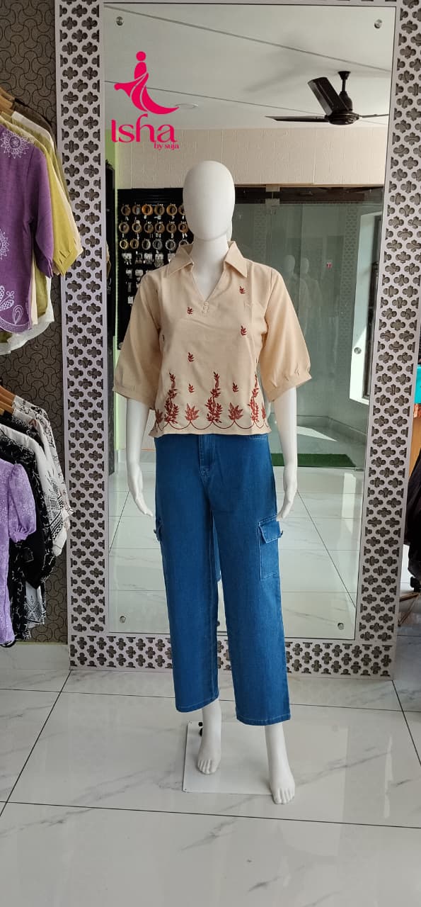 Embroidered Collared Cotton Top