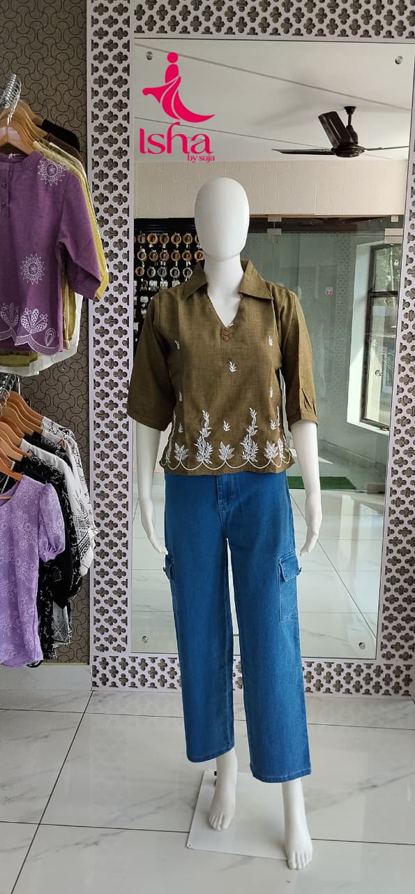 Embroidered Collared Cotton Top